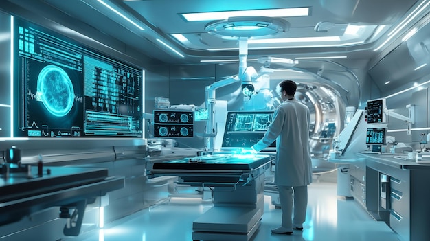 Photo future of healthcare medical professional in a hightech clinic