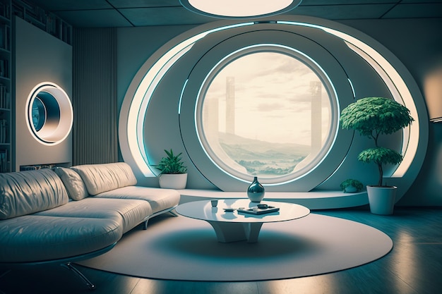 The future of home decor bright white living room with a round window Generative AI