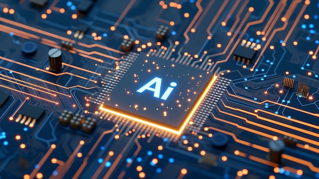 The Future is Here AI Blazes on a Blue Circuit Board