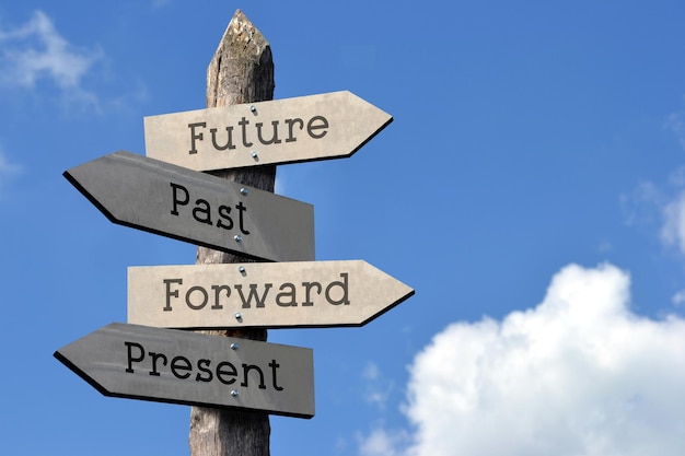 Future past forward present wooden signpost with four arrows sky with clouds