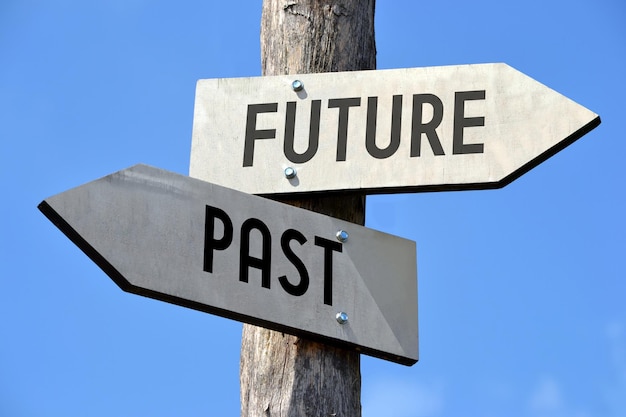 Future and past wooden signpost with two arrows