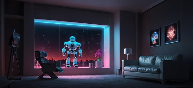 Future Robotic gamer room with colorful neon lights