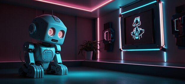 Photo future robotic gamer room with colorful neon lights