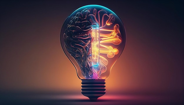 Future solution neon color ai technology background futuristic ai light bulb for inspiration Generative AI