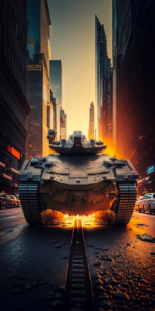 A Future war tank makes a wild chase New york City 42nd street sunset