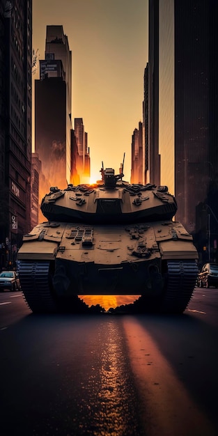 A Future war tank makes a wild chase New york City 42nd street sunset