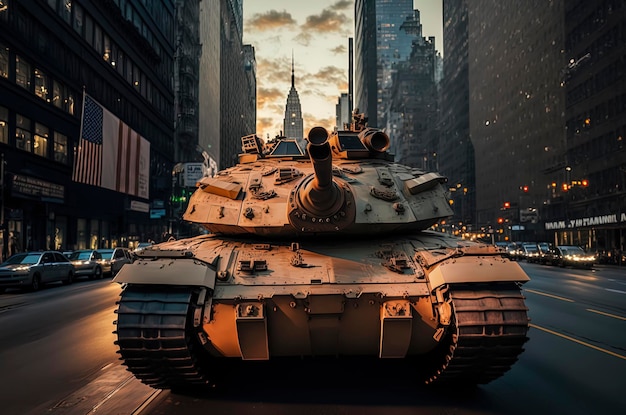 A Future war tank makes a wild chase New york City 42nd street sunset