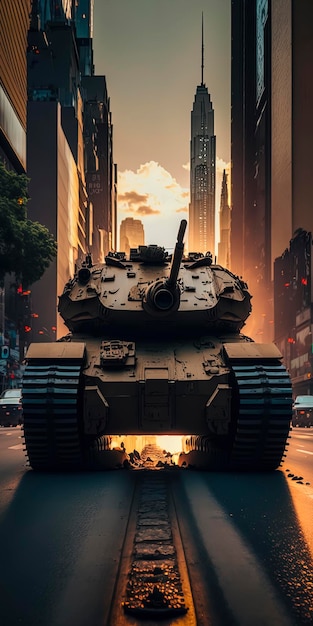 A Future war tank makes a wild chase New york City 42nd street sunset