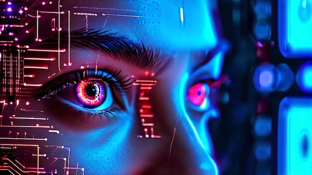 Future woman with cyber technology eye panel concept