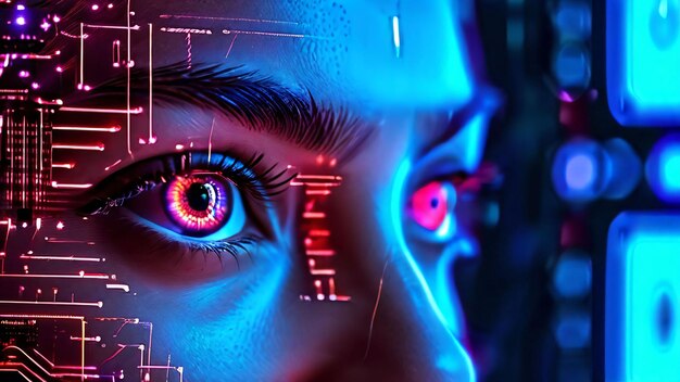 Photo future woman with cyber technology eye panel concept