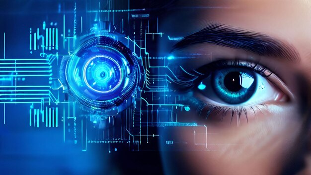 Future woman with cyber technology eye panel concept