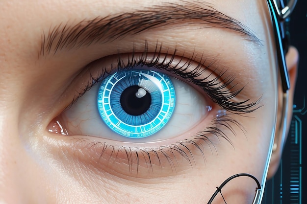 Future woman with cyber technology eye panel concept