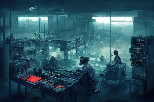 Futuristi scientist in laboratory with intreicate machinery and instruments factory interior