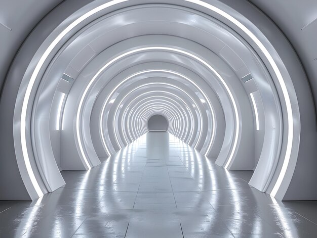 Futuristic 3D Architectural Tunnel with Glowing Lights and Reflective Surfaces