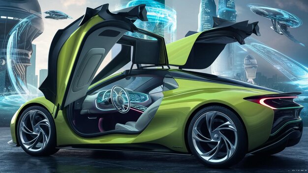 Photo futuristic 3d concept car with gullwing doors and a holographic dashboard 3d render