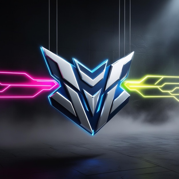 A futuristic 3D gaming logo rendered in sleek metallic silver and electric blue