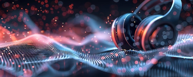 Photo futuristic 3d headphones emitting sound waves in a digital background with bokeh effects