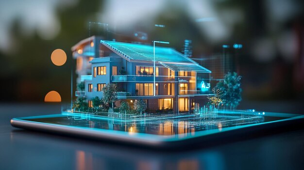 Photo a futuristic 3d hologram of a modern home displayed on a digital tablet showcasing innovative archit