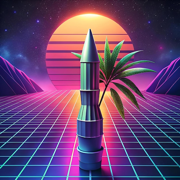 Photo a futuristic 3d illustration of a bamboo shoot sprouting in a retro 80s setting