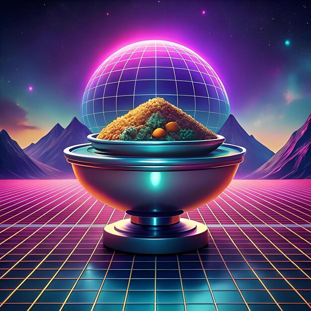 A futuristic 3D illustration of a Biryani dish set against a vibrant neon lit 80s backdrop