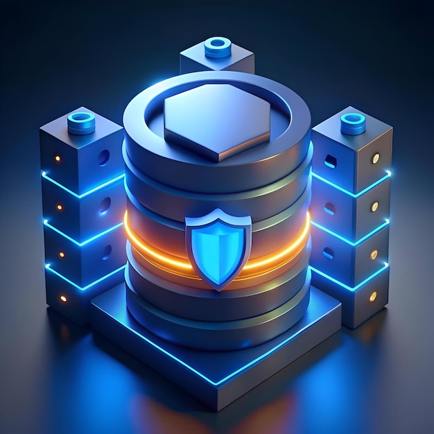 Photo a futuristic 3d illustration of a database server protected by a glowing shield symbolizing secure data storage and cyber defense