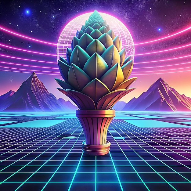 A futuristic 3D illustration of a Jerusalem artichoke set against a retro 80s neon landscape with mountains and a disco ball