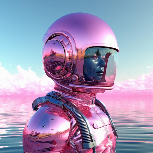 Futuristic 3D illustration of a Pink Spaceman or Astronaut with pink suit on the pink planet