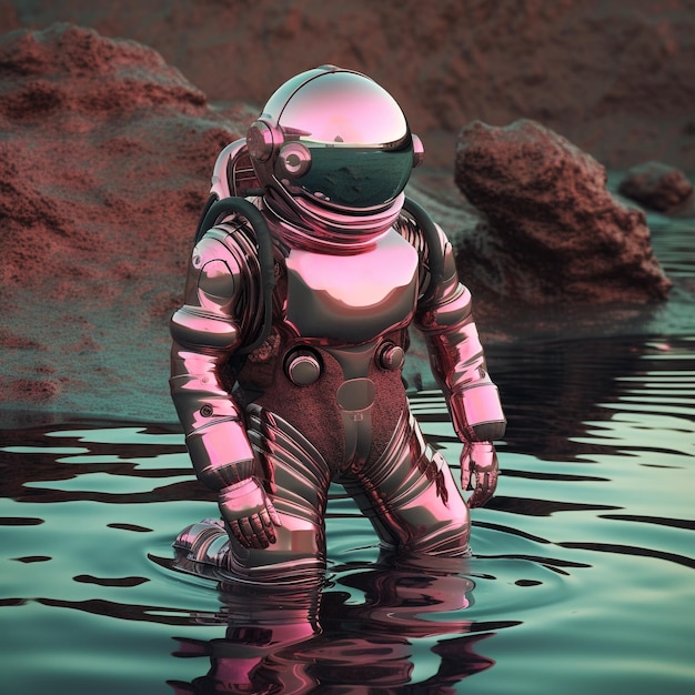 Futuristic 3D illustration of a Pink Spaceman or Astronaut with pink suit on the pink planet