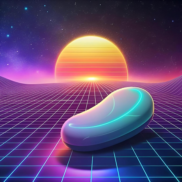 Photo a futuristic 3d illustration of a sleek white capsule against a vibrant retro 80s background