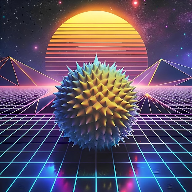 Photo a futuristic 3d illustration of a spiky durian against a vibrant retro 80s background