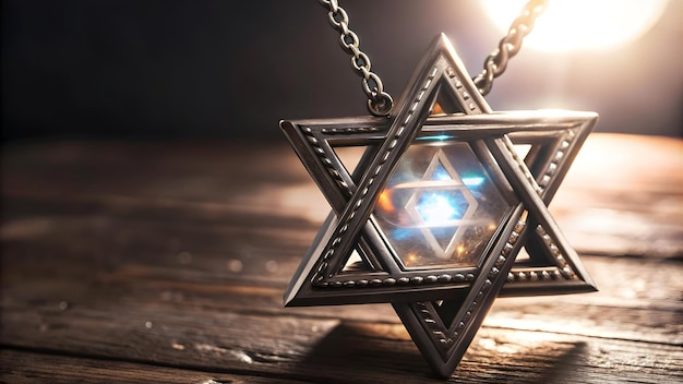 Futuristic 3D Macro of Glowing Star of David Pendant with Holographic Light CloseUp of Spiritual