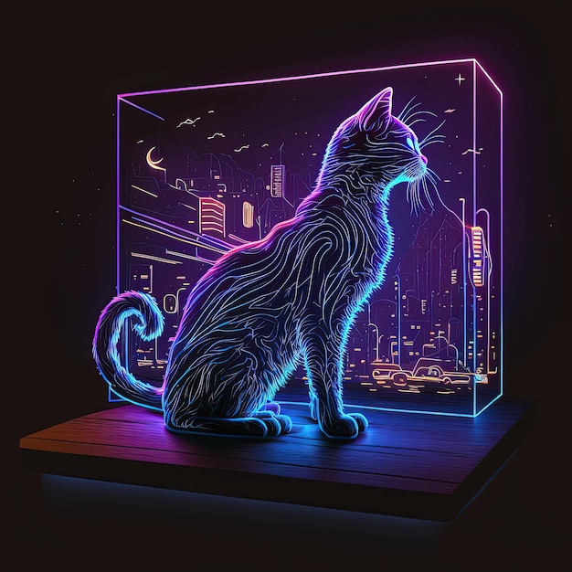 Futuristic 3D neon cat illustraation Ai generated