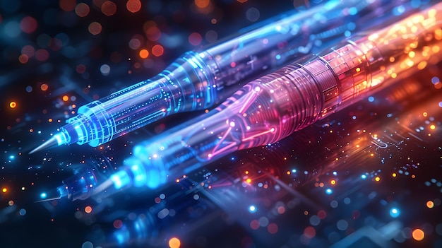 Futuristic 3D Render of Blue and Red Pens on a Black Background with Bokeh