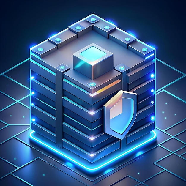 A futuristic 3D rendering of a data server protected by a blue shield signifying digital security and safe data storage