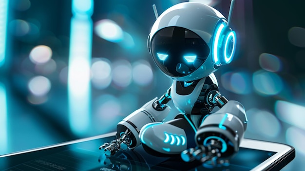 A futuristic 3D rendering of a mobile chatbot interface with a friendly robot assistant ready to engage symbolizing advancements in AI customer service and interactive technology