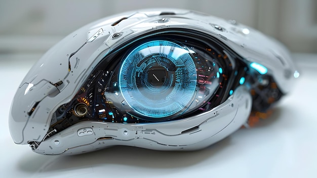 Photo futuristic 3d rendering of a white robotic eye with a blue digital display