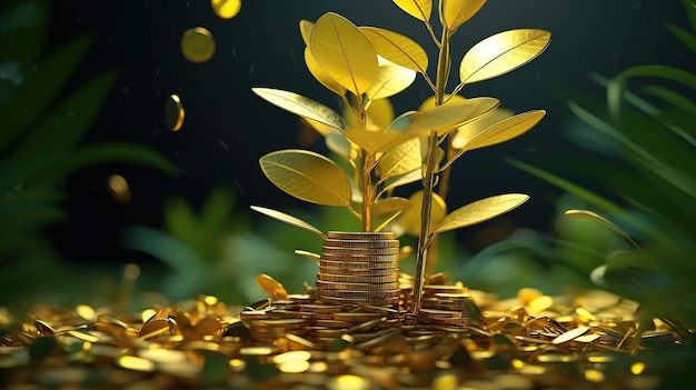 Futuristic 3D representation of a plant growing from a pile of golden coins Generative AI