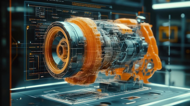 Futuristic 3D Wireframe Engine Model with Digital Interface