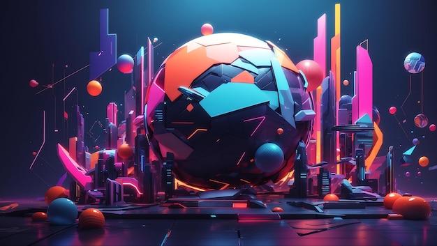 a futuristic 3D world with geometric shapes and neoncolored splashes that hint at a digital realm