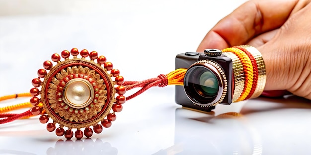 Photo futuristic 3d zoomedin macro shot of intricate bhai dooj rakhi tying on wrist with glowing threads