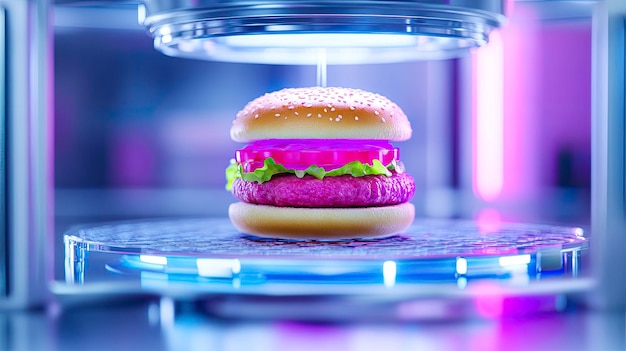 Futuristic 3dprinted burger with neon lights and vibrant colors