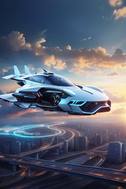 A futuristic 4k car in highways in the sky flying