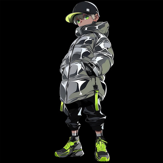 Futuristic 8 Year Old Boy in a Silver Puffer Jacket Black Jo Creative Fashion Chibi Character