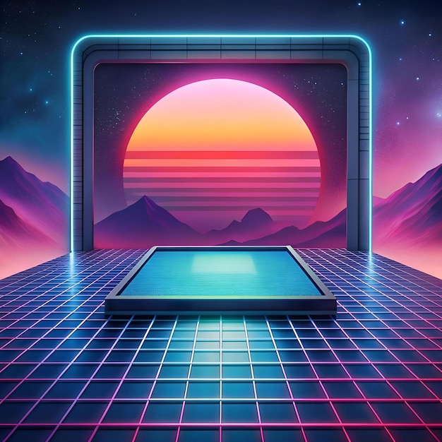 Photo a futuristic 80s inspired scene with a glowing neon frame a retro futuristic sunset and a platform perfect for product placement