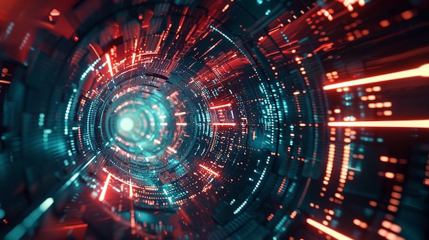 Futuristic Abstract Circular Tunnel with Red and Blue Lights