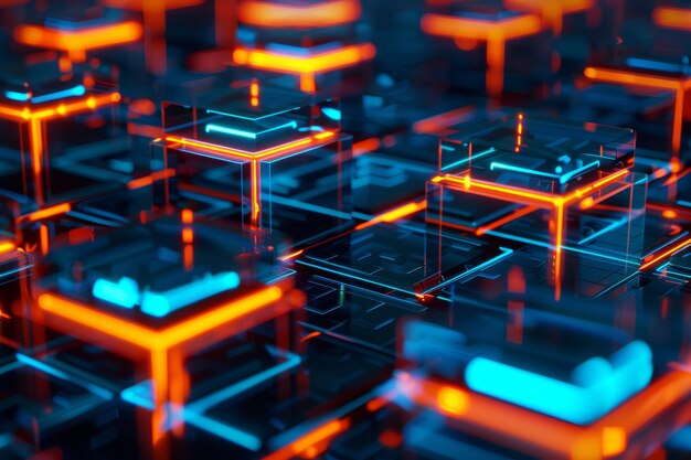 Futuristic Abstract Digital Background with Glowing Neon Geometric Shapes and Cubes