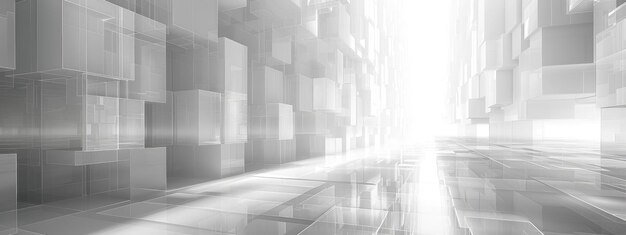 Futuristic Abstract Geometric Cityscape with Metallic 3D Cubes and Glowing Light