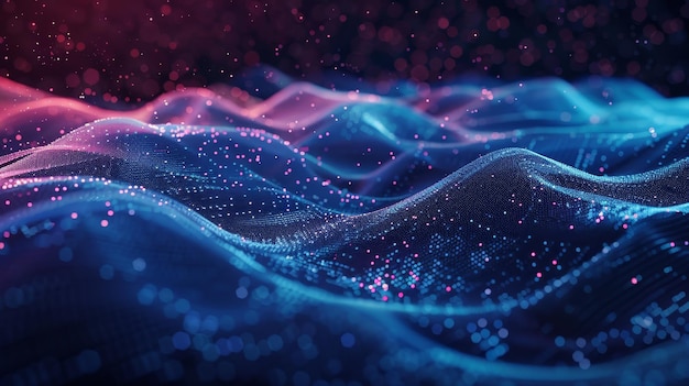 Futuristic abstract landscape with particle dots and glowing wave in retro sci fi design