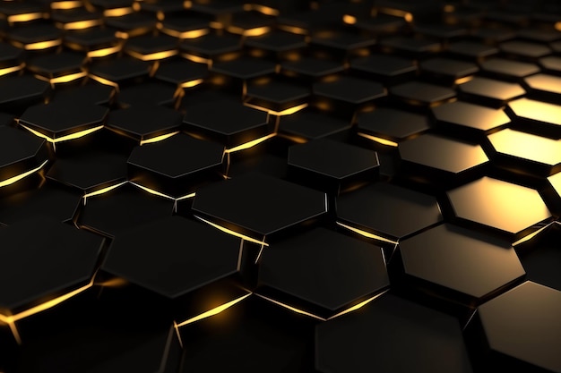 Futuristic Abstractions Black Hexagons and Yellow Glow in Low Poly Design AI Generated