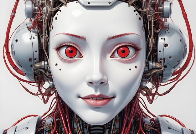 Futuristic AGI Woman Robot with Detailed Mechanics and Red Eyes